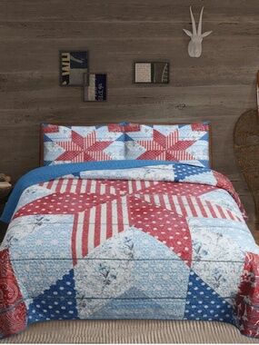 Americana Liberty Star Vintage Look King Quilt Set Patriotic Red White Blue